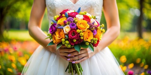 Bride's hands embracing a vibrant bouquet of colourful flowers, bride, hands, bouquet, vibrant, colourful, flowers, wedding