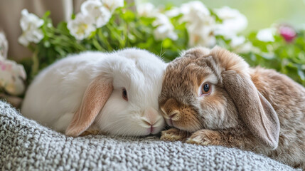 Two rabbits are laying on a blanket, one white and one brown