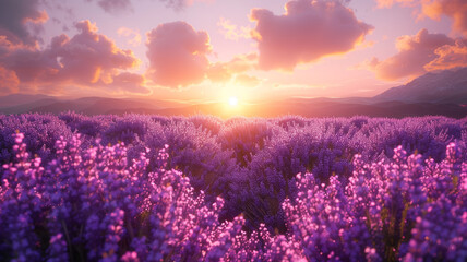 Wall Mural - Beautifully mesmerizing sunrise in a lavender field close up