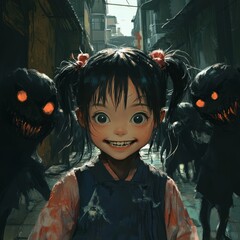 Sticker - A young girl with pigtails smiles in a dark alleyway, surrounded by shadowy figures.