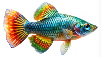 Vibrant tropical fish with iridescent scales and flowing fins swims solo against a stark white background, highlighting its exotic beauty and vibrant colors.