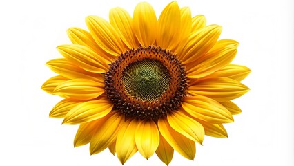 Vibrant yellow sunflower with dark center and delicate petals, isolated on white background, perfect symbol of warmth, happiness, and summer sunshine in a modern icon.