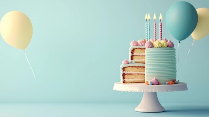 A birthday cake with one slice cut and being served on a light blue background, with balloons and candles. 