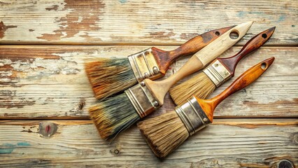 Vintage paintbrushes with worn wooden handles and frayed bristles lay scattered on a distressed, cream-colored tabletop, evoking a nostalgic sense of artistic nostalgia.