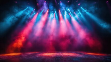 dramatic theater stage illuminated by vibrant spotlights creating a dazzling interplay of colorful beams and shadows against a deep black backdrop