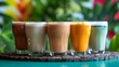 © Thaweechai - Colorful superfood latte flight in small glasses, displayed on a modern health-focused counter with vibrant background.