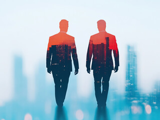 Two businessmen walking together in a cityscape, symbolizing partnership and collaboration in a modern environment.