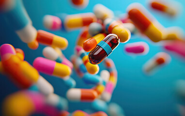 vibrant capsules swirling in a dynamic arrangement, representing health and pharmaceutical innovatio