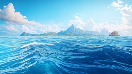 A picturesque scene of a tropical island with lush green mountains in the distance, surrounded by the vast blue ocean under a clear sky with fluffy white clouds.