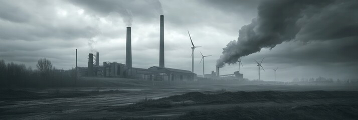 Aufkleber - Old factories and wind turbines contrast the past reliance on coal with a new focus on sustainable energy sources. Generative AI