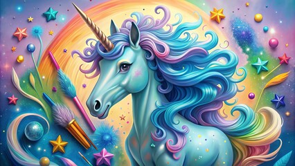 Whimsical blue unicorn with a sparkly horn and flowing mane sits amidst colorful pens, paintbrushes, and creative design elements on a vibrant pastel background.