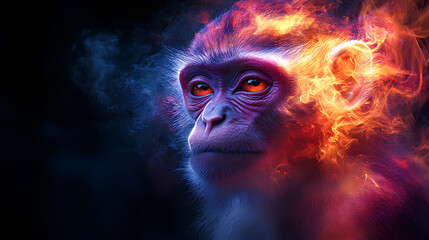 Wall Mural - monkey, the head of a monkey in a multi-colored flame. Abstract multicolored profile portrait of a monkey head on a black background