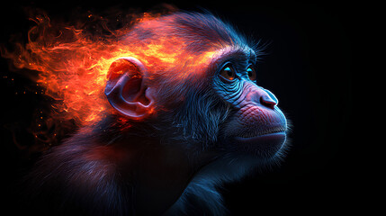 Canvas Print - monkey, the head of a monkey in a multi-colored flame. Abstract multicolored profile portrait of a monkey head on a black background