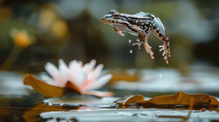 Wall Mural - A frog leaps over a lily pad.