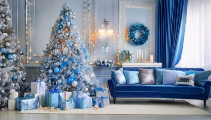 Wall Mural - Elegant Blue and Silver Christmas Evening
Step into a sophisticated Christmas scene where cool blue and silver tones create a serene holiday ambiance.