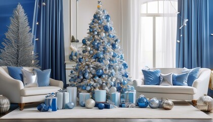 Wall Mural - Elegant Blue and Silver Christmas Evening
Step into a sophisticated Christmas scene where cool blue and silver tones create a serene holiday ambiance.