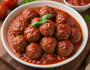 Traditional spicy meatballs in tomato sauce on wooden background. Selective focus. Ai generated images