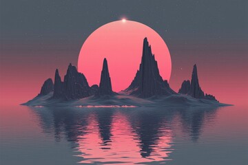 Canvas Print - Silhouetted Mountain Range with Pink Moon and Stars Reflecting in Still Water