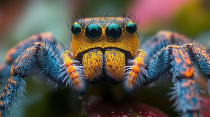 A spider with a blue and yellow body and orange legs