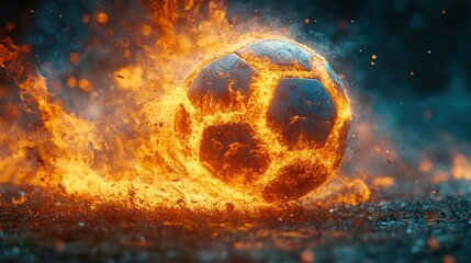 Wall Mural - electrifying soccer ball engulfed in vibrant swirling flames set against a dark background embodying intense energy passion and competitive spirit in a dynamic actionpacked composition