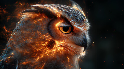 Poster - owl, the head of an owl in a multi-colored flame. Abstract multicolored profile portrait of an owl head on a black background