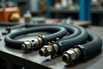 Poster - Two hoses sit on a table, ready for use