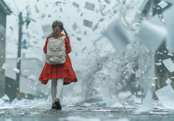 Cute little boy wearing school uniform and white socks carrying a backpack