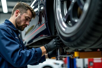 Poster - A person repairing or maintaining their vehicle in a private garage