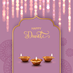 Wall Mural - Diwali Festival sale banner with with lights, copper diya lamp and golden frame