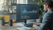 © Anat art - A focused professional reviews complex data on a large computer screen while seated at a tidy desk with essential tools nearby. Generative AI