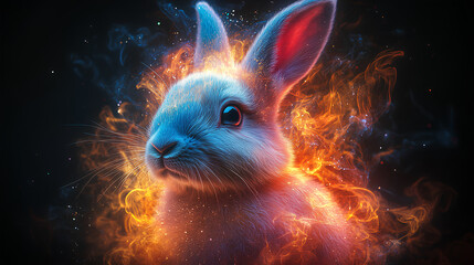 Wall Mural - rabbit, the head of a rabbit in a multi-colored flame. Abstract multicolored profile portrait of a rabbit head on a black background