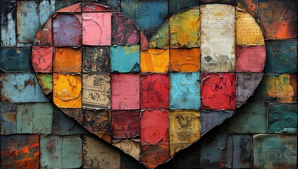 Wall Mural - A vibrant and colorful heart-shaped patchwork design on the wall, featuring different patterns of textured paper in various shades 