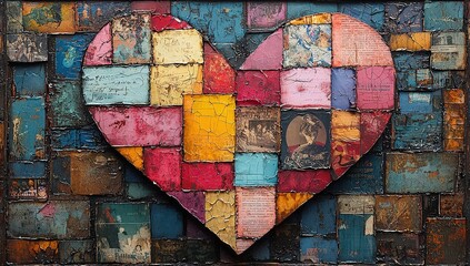 Wall Mural - A vibrant and colorful heart-shaped patchwork design on the wall, featuring different patterns of textured paper