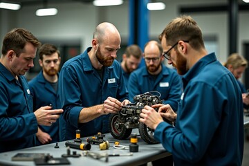 Poster - Group of men in a garage or workshop, working together to repair or maintain a car engine