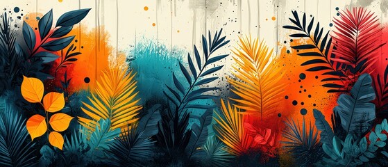 A vibrant, flat illustration of various abstract patterns with tropical leaves and geometric shapes in orange, green, blue, and red colors. 