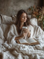 Leinwandbilder - A young woman enjoys a cozy moment on her bed, sipping coffee while reading an old book wrapped in a warm blanket. Generative AI