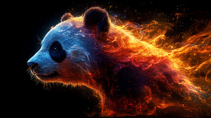 Wall Mural - panda, the head of a panda in a multi-colored flame. Abstract multicolored profile portrait of a panda head on a black background