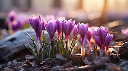 Sticker - Purple crocuses in bloom at sunset. Spring and beauty concept. Design for gardening, seasonal festivals flyer, invitation. Banner with 