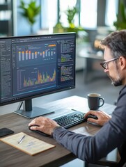 Fototapete - An expert focuses on a large computer monitor, analyzing intricate data while seated at a tidy desk, surrounded by plants and a warm coffee. Generative AI