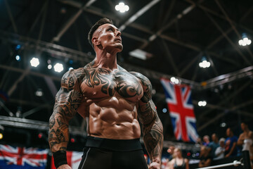 Tattooed bodybuilder showcases his muscles on stage at a bodybuilding competition