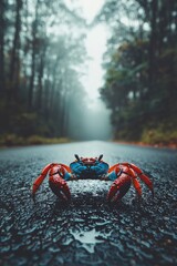 Wall Mural - Red Crab on Wet Road Through Foggy Forest