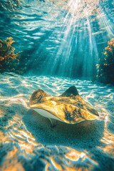 Sticker - A Spotted Ray Resting on a Sandy Ocean Floor