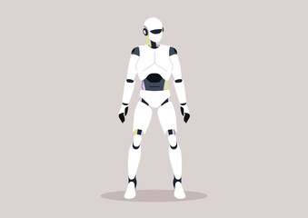 A sleek, futuristic humanoid robot standing confidently against a minimalist backdrop, showcasing advanced design and technology in an imaginative representation of artificial intelligence