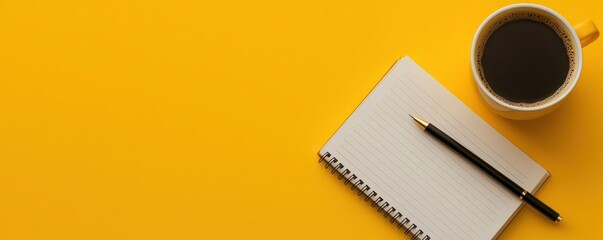 coffee, business plan notebook, and pen on a yellow surface, clean and organized office setup, offic