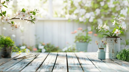 Empty wooden table displaying spring gardening tools and flowers with a blurred garden background