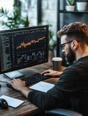 Fototapete - An expert is focused on a large computer monitor, analyzing complex data while taking notes at a tidy desk with coffee. Generative AI