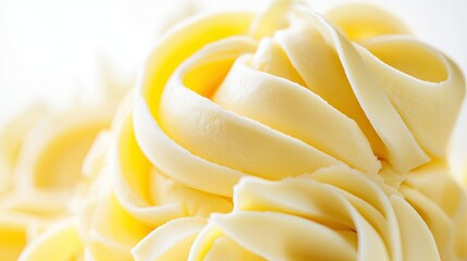 Close-up shot of a stack of butter curls, piled on top of each other, with intricate folds and swirls, isolated on a white background for a fresh look