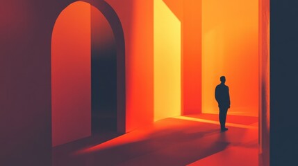 Wall Mural - A Silhouette of a Person Standing in an Orange Room with an Archway