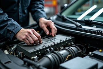 Poster - A close-up shot of a person working on a car engine, with tools and mechanics in focus