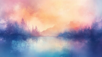 Wall Mural - A Misty Morning Landscape with a Silhouetted Forest and a Reflective Lake